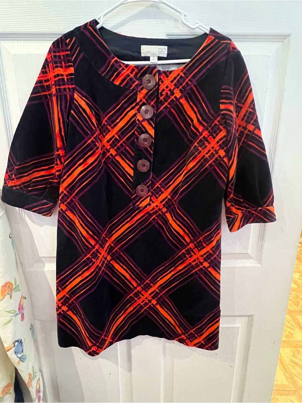 Vintage GO International corduroy Black Dress with Orange and Purple Plaid sz M
